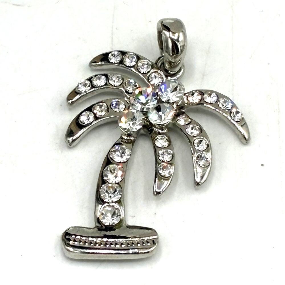 Crystal Rhinestone Palm Tree Pendant Silver Tone Tropical Beach Jewelry